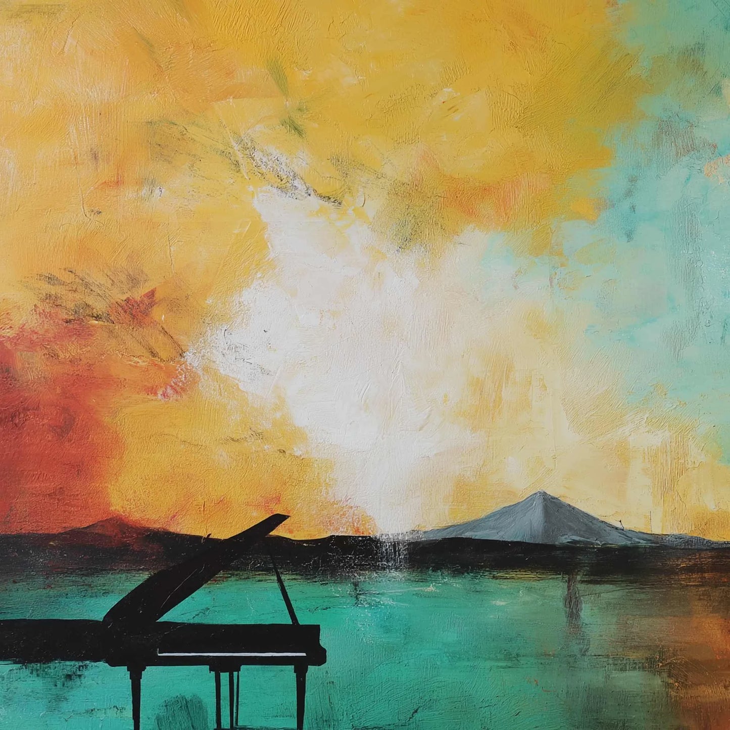 SONATA HORIZON: Vibrant Abstract Landscape Oil Painting | Abstract mood, soft natural light studio shot