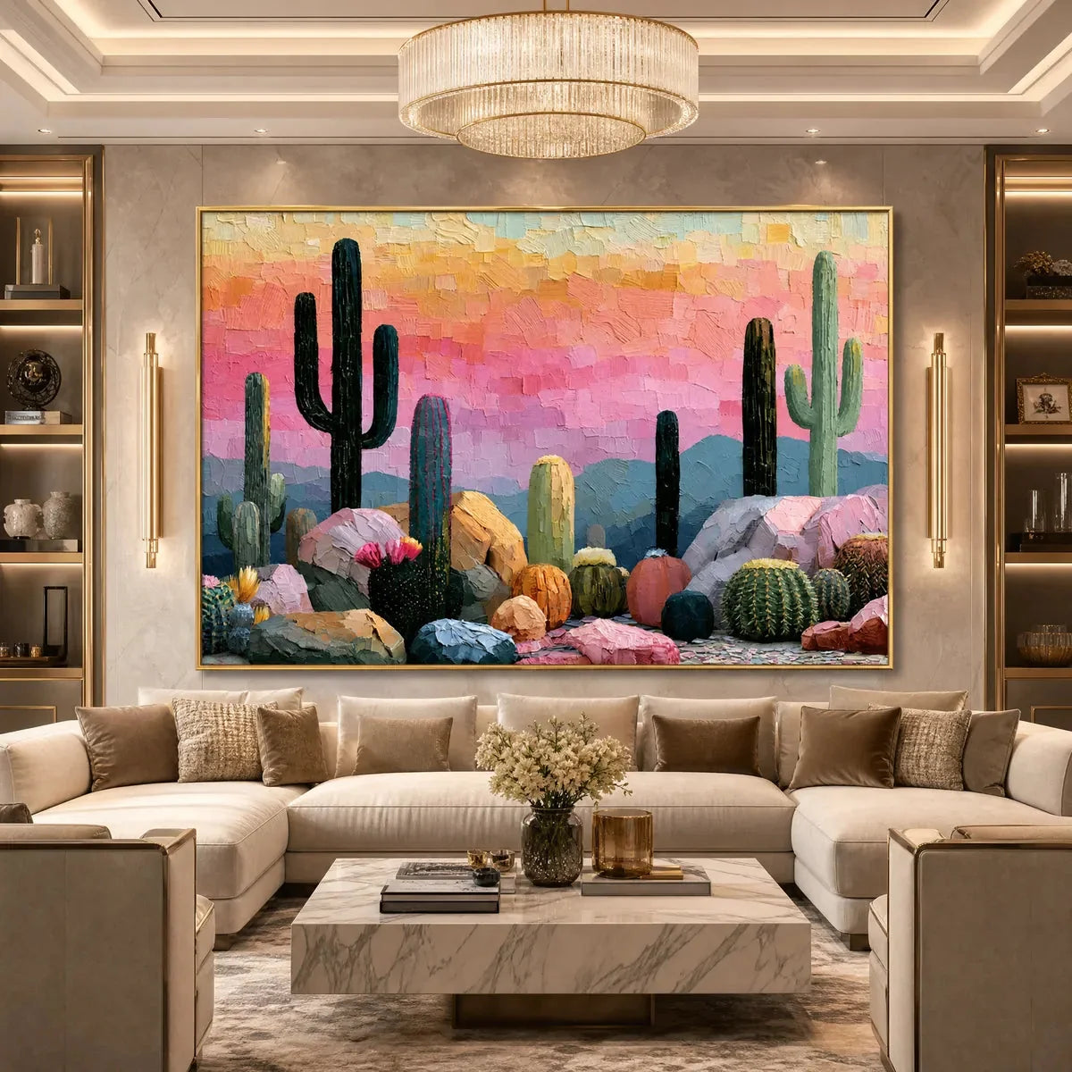 Sonoran Dream Textured Cactus Landscape Oil Painting for Walls | Landscape closeup, raised brushwork detail