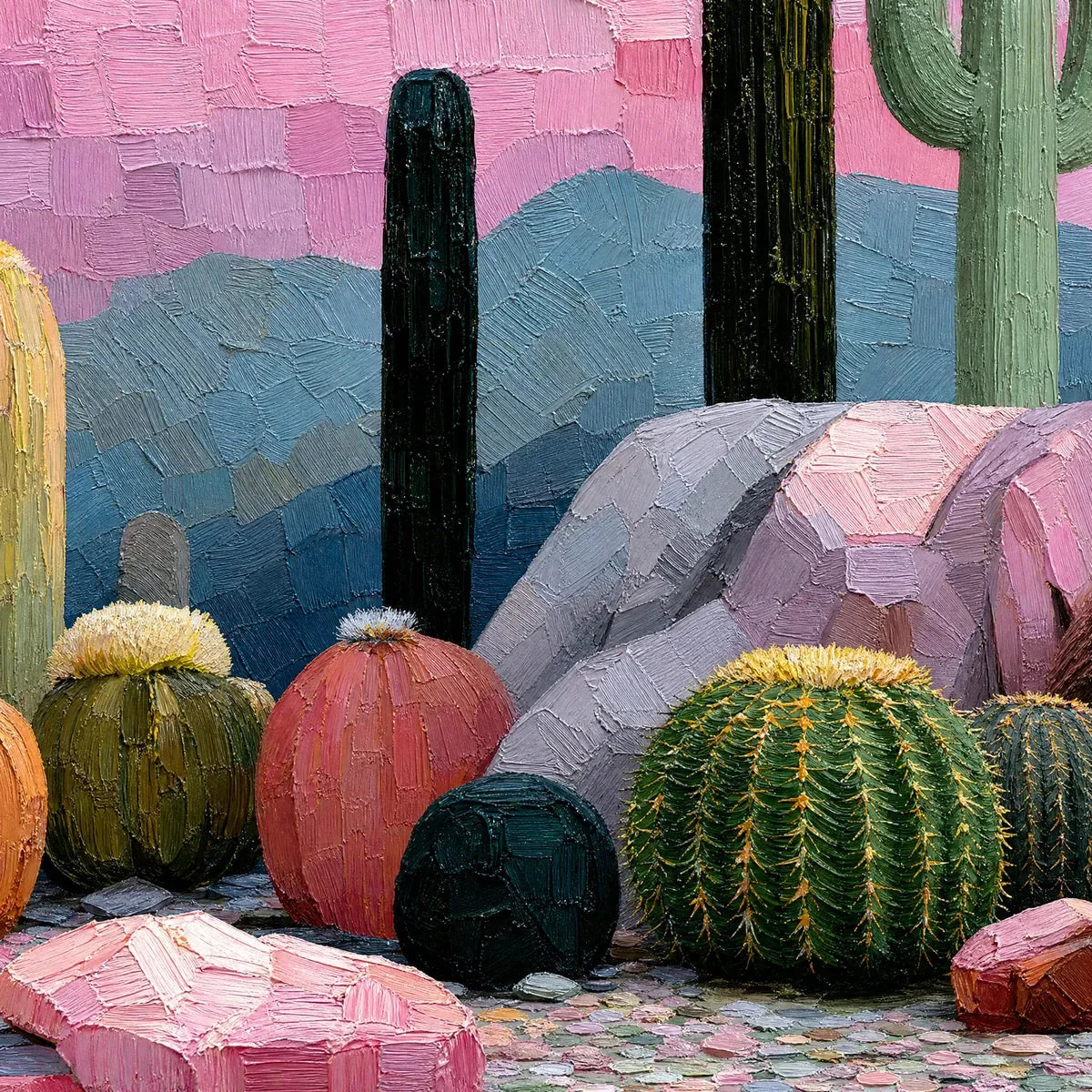 Sonoran Dream Textured Cactus Landscape Oil Painting for Walls | rectangular format, hand-painted canvas edge