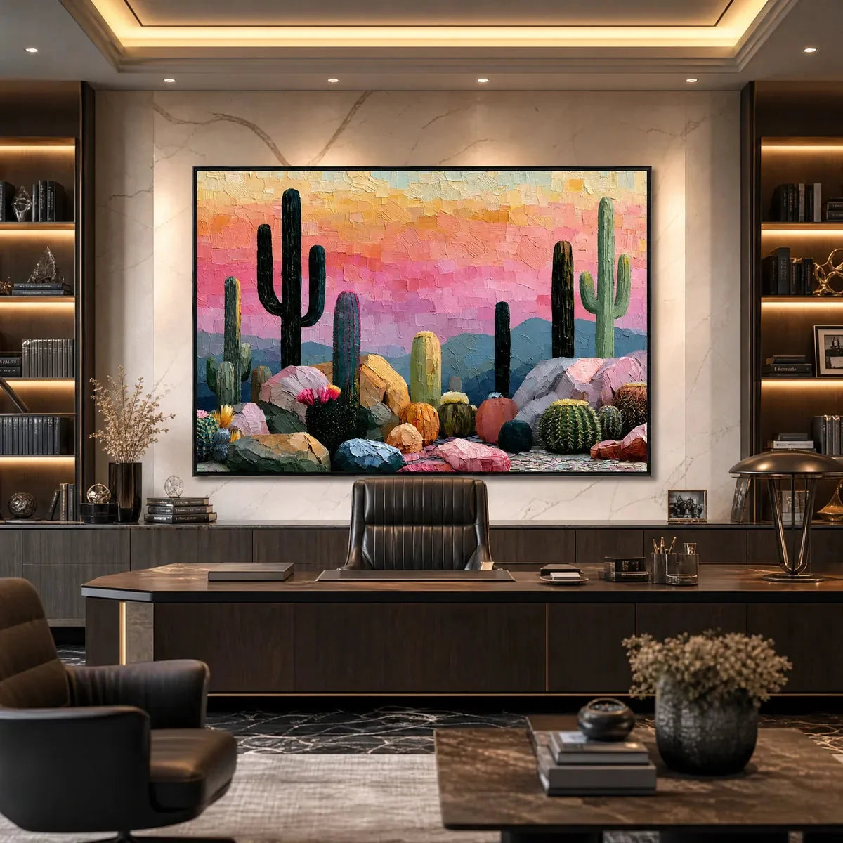 Sonoran Dream Textured Cactus Landscape Oil Painting for Walls | gold frame stretched on neutral wall