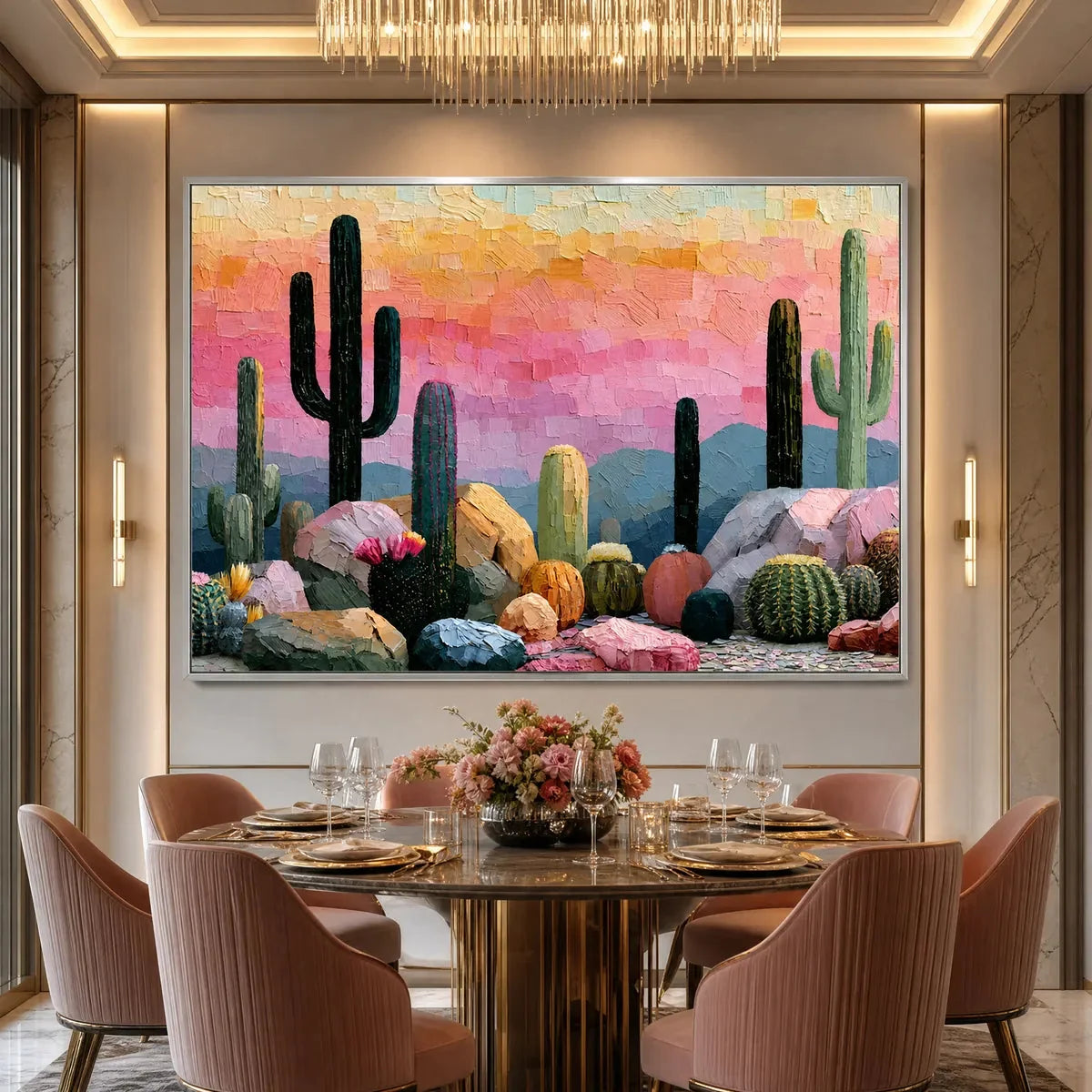 Sonoran Dream Textured Cactus Landscape Oil Painting for Walls | rolled canvas, ready for custom framing