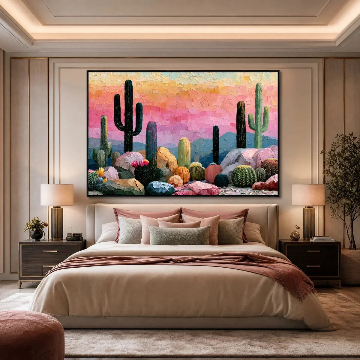 Sonoran Dream Textured Cactus Landscape Oil Painting for Walls | black frame version on white wall