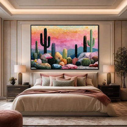 Sonoran Dream Textured Cactus Landscape Oil Painting for Walls | black frame version on white wall