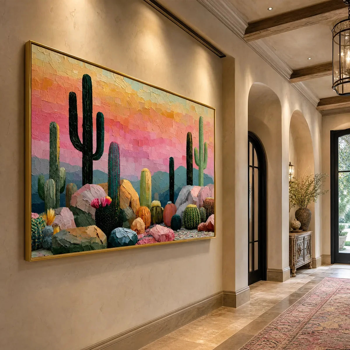 Sonoran Dream Textured Cactus Landscape Oil Painting for Walls | Landscape mood, soft natural light studio shot