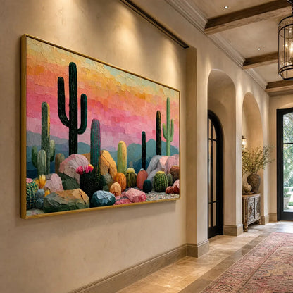 Sonoran Dream Textured Cactus Landscape Oil Painting for Walls | Landscape mood, soft natural light studio shot