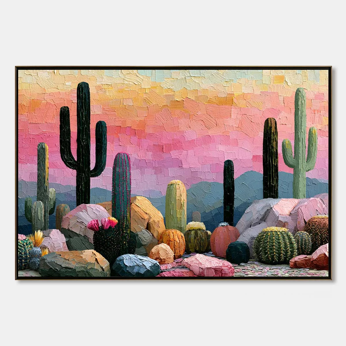 Sonoran Dream Textured Cactus Landscape Oil Painting for Walls | hanging in living room, Landscape wall art