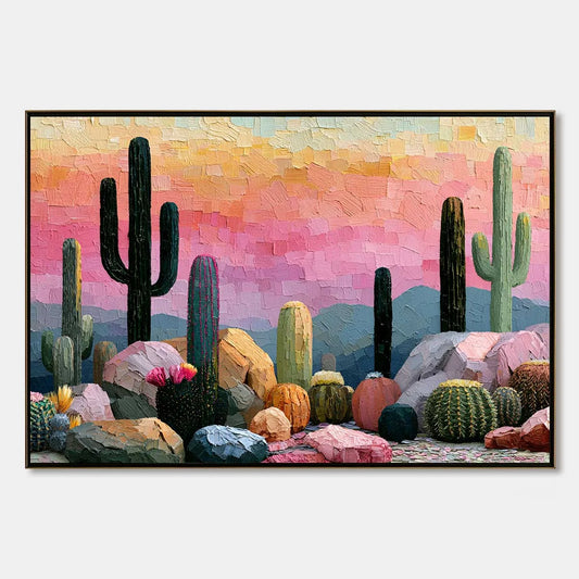 Sonoran Dream Textured Cactus Landscape Oil Painting for Walls | hanging in living room, Landscape wall art