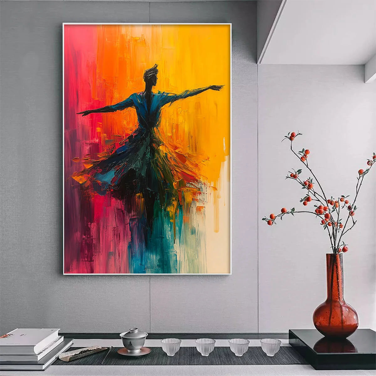 SOULFLIGHT: Textured Impasto Figurative Oil Painting of Dancer | gold frame stretched on neutral wall
