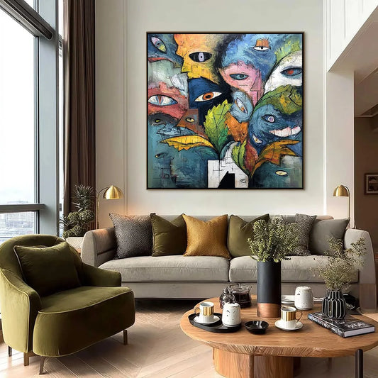 SPECTATORS: Large Colorful Abstract Faces Impasto Painting