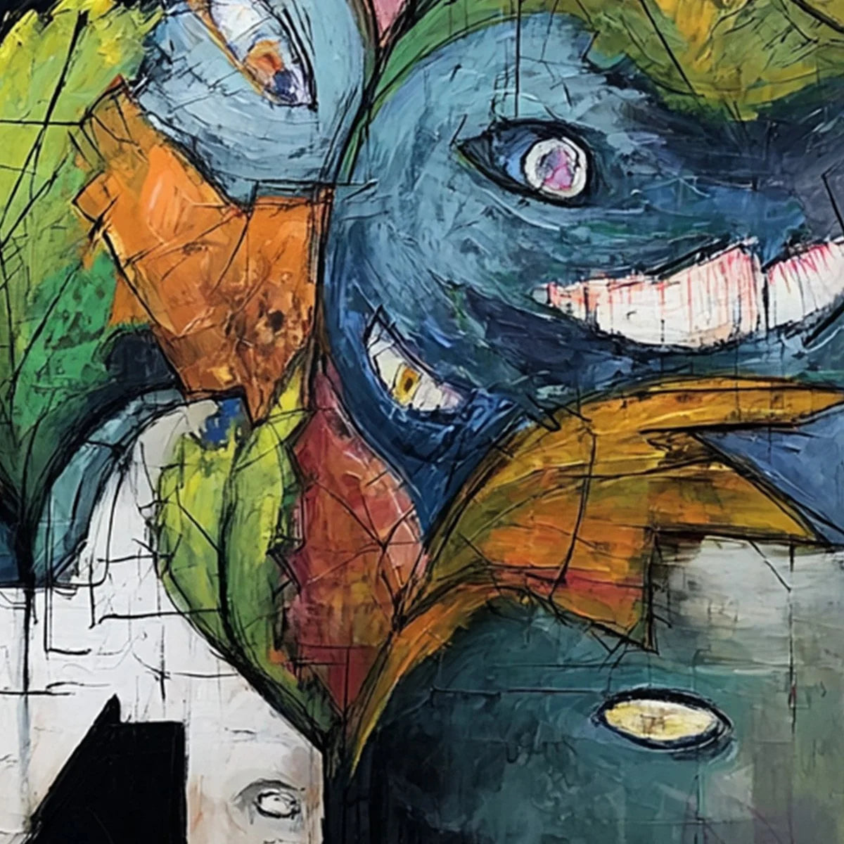 SPECTATORS: Large Colorful Abstract Faces Impasto Painting | rectangular format, hand-painted canvas edge