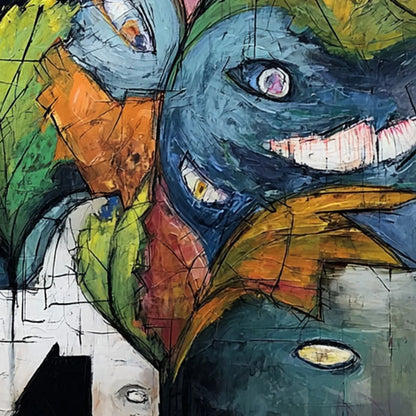 SPECTATORS: Large Colorful Abstract Faces Impasto Painting | rectangular format, hand-painted canvas edge