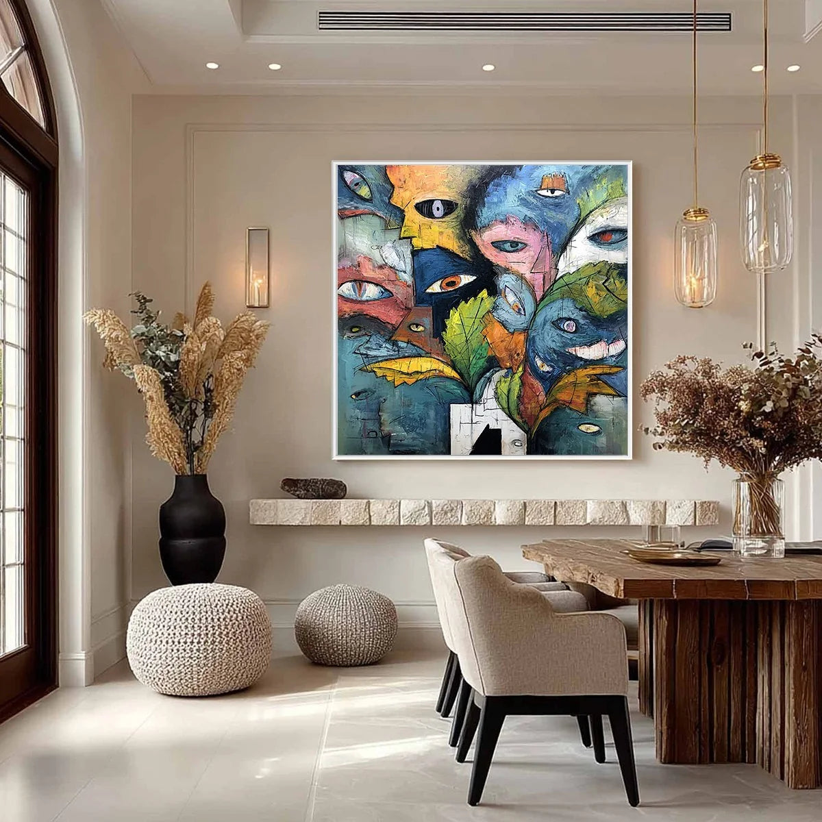 SPECTATORS: Large Colorful Abstract Faces Impasto Painting | gold frame stretched on neutral wall