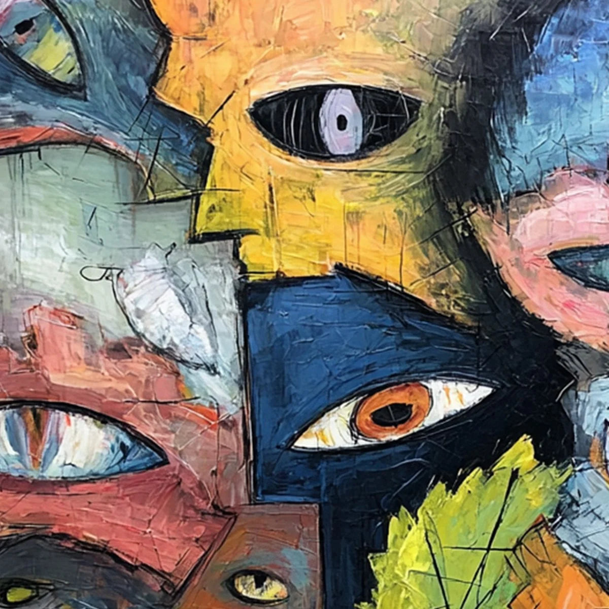 SPECTATORS: Large Colorful Abstract Faces Impasto Painting | rolled canvas, ready for custom framing