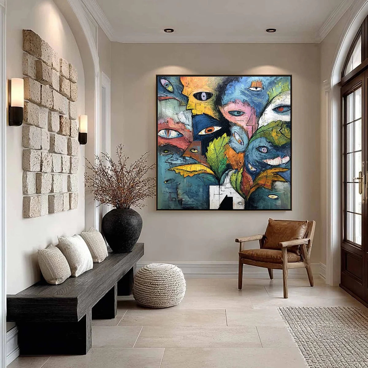 SPECTATORS: Large Colorful Abstract Faces Impasto Painting | black frame version on white wall