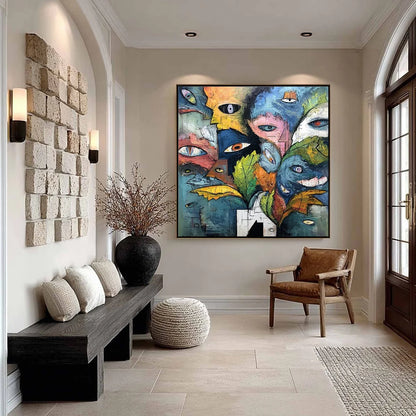 SPECTATORS: Large Colorful Abstract Faces Impasto Painting | black frame version on white wall