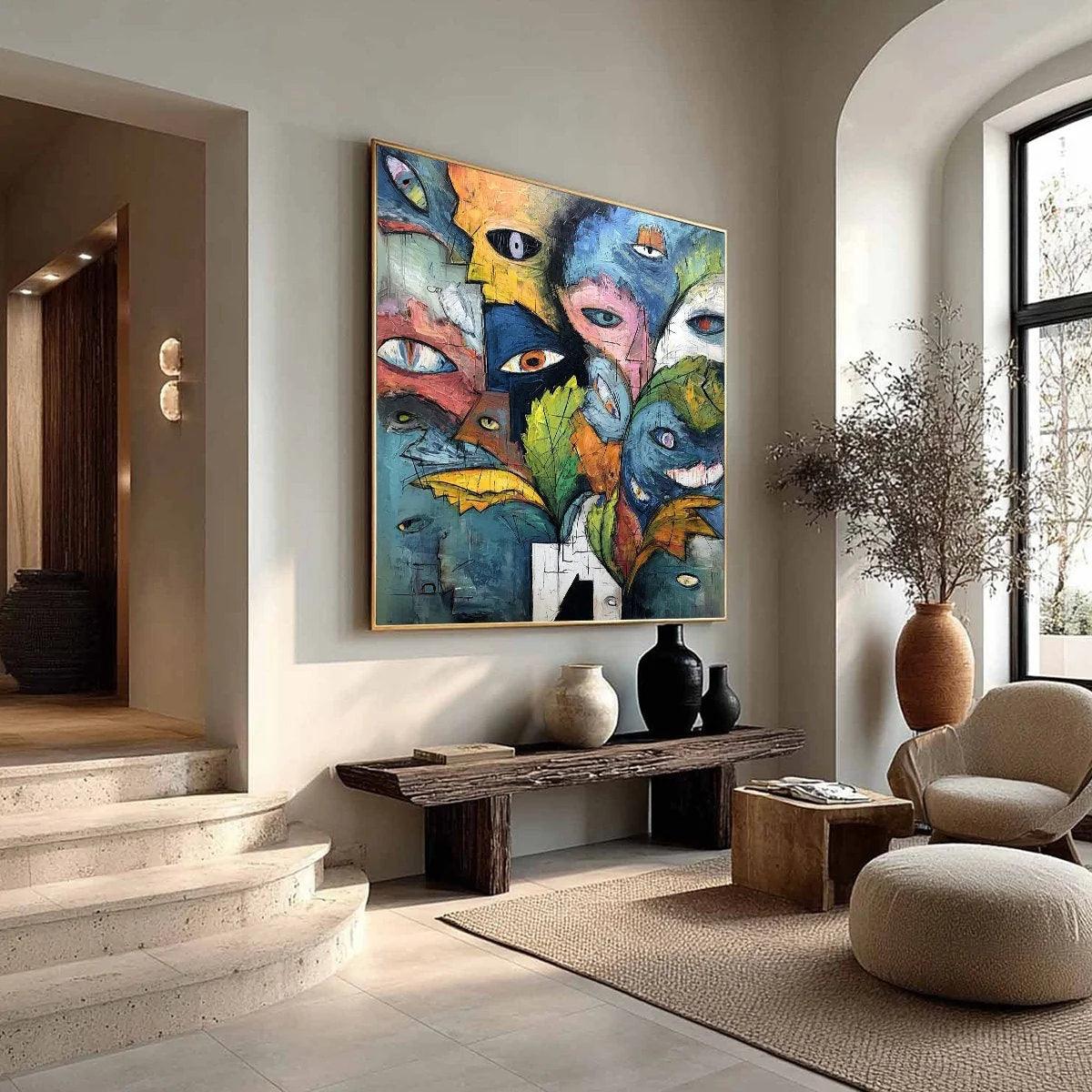 SPECTATORS: Large Colorful Abstract Faces Impasto Painting | multi-color palette, original oil on stretched canvas art