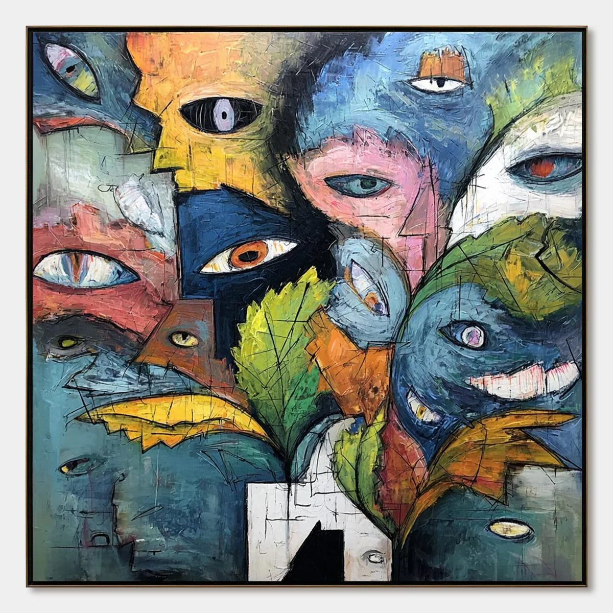 SPECTATORS: Large Colorful Abstract Faces Impasto Painting | hanging in living room, Abstract wall art