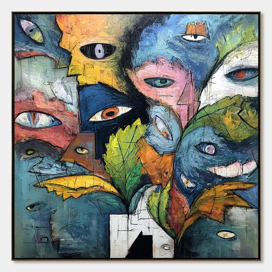 SPECTATORS: Large Colorful Abstract Faces Impasto Painting | hanging in living room, Abstract wall art