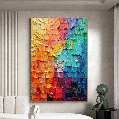 SPECTRUM MOSAIC: Textured Impasto Abstract Oil Painting | gold frame stretched on neutral wall