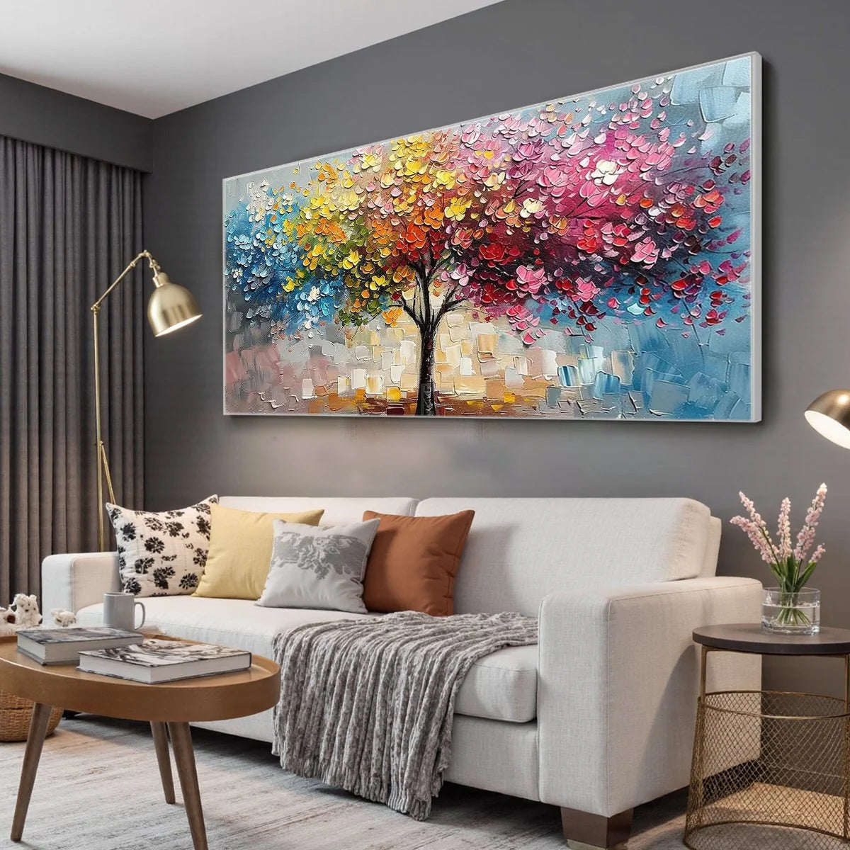 SPECTRUM OF JOY: Textured Impasto Tree Oil Painting | gold frame stretched on neutral wall