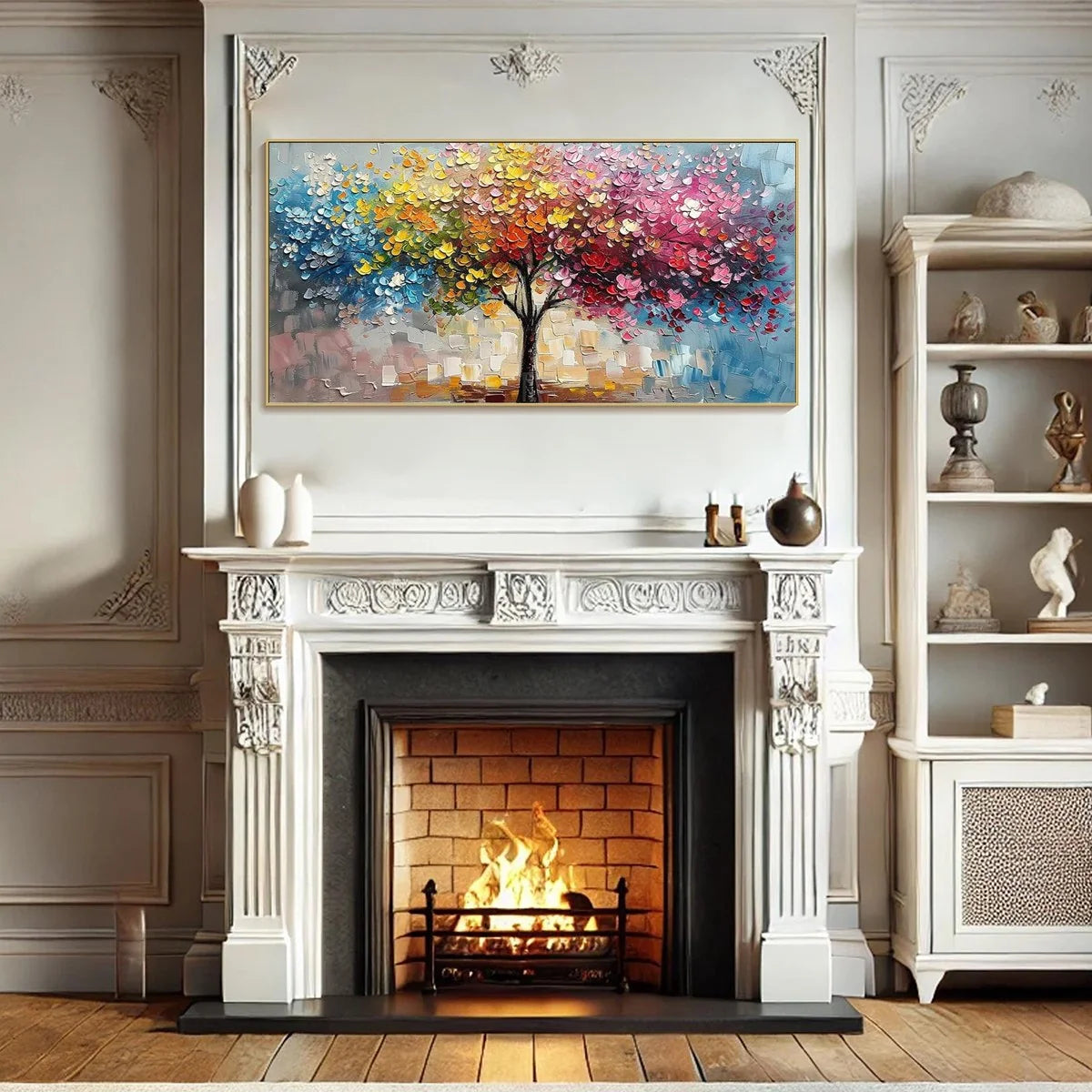 SPECTRUM OF JOY: Textured Impasto Tree Oil Painting | black frame version on white wall