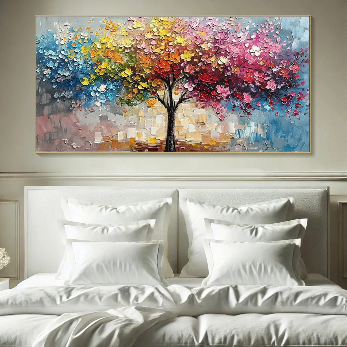 SPECTRUM OF JOY: Textured Impasto Tree Oil Painting | Figurative mood, soft natural light studio shot