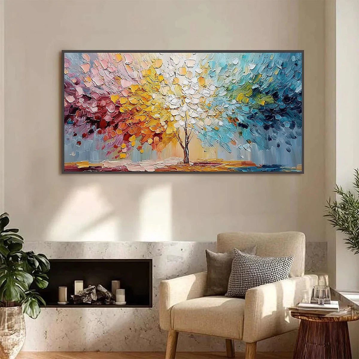 SPECTRUM OF LIFE: Colorful Abstract Tree Impasto Palette Knife Painting | Figurative closeup, raised brushwork detail