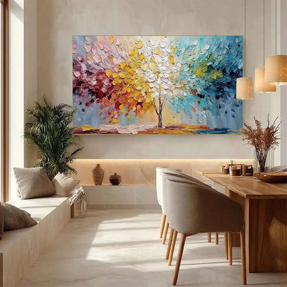 SPECTRUM OF LIFE: Colorful Abstract Tree Impasto Palette Knife Painting | gold frame stretched on neutral wall