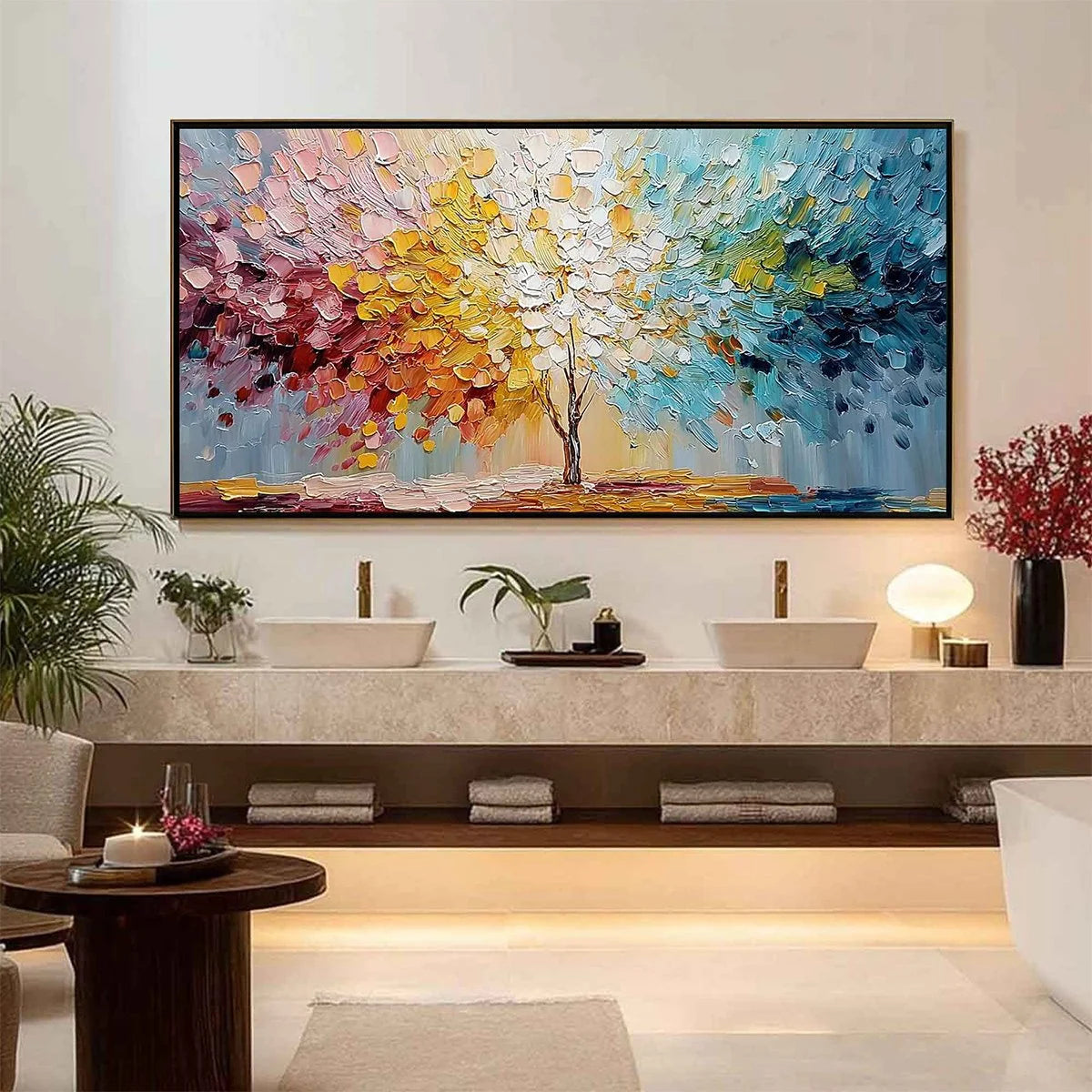 SPECTRUM OF LIFE: Colorful Abstract Tree Impasto Palette Knife Painting | black frame version on white wall