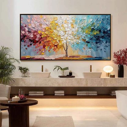 SPECTRUM OF LIFE: Colorful Abstract Tree Impasto Palette Knife Painting | black frame version on white wall