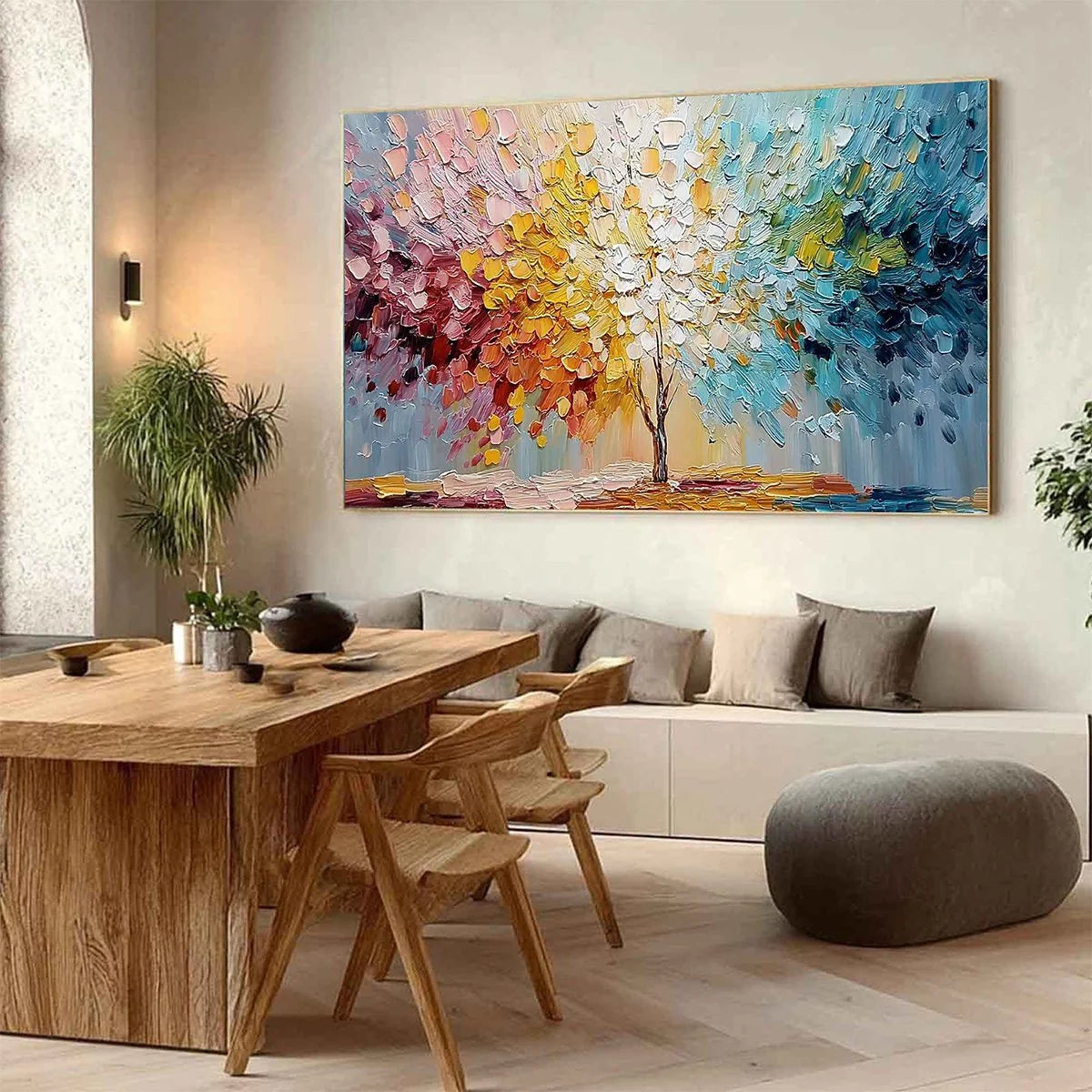 SPECTRUM OF LIFE: Colorful Abstract Tree Impasto Palette Knife Painting | Figurative mood, soft natural light studio shot