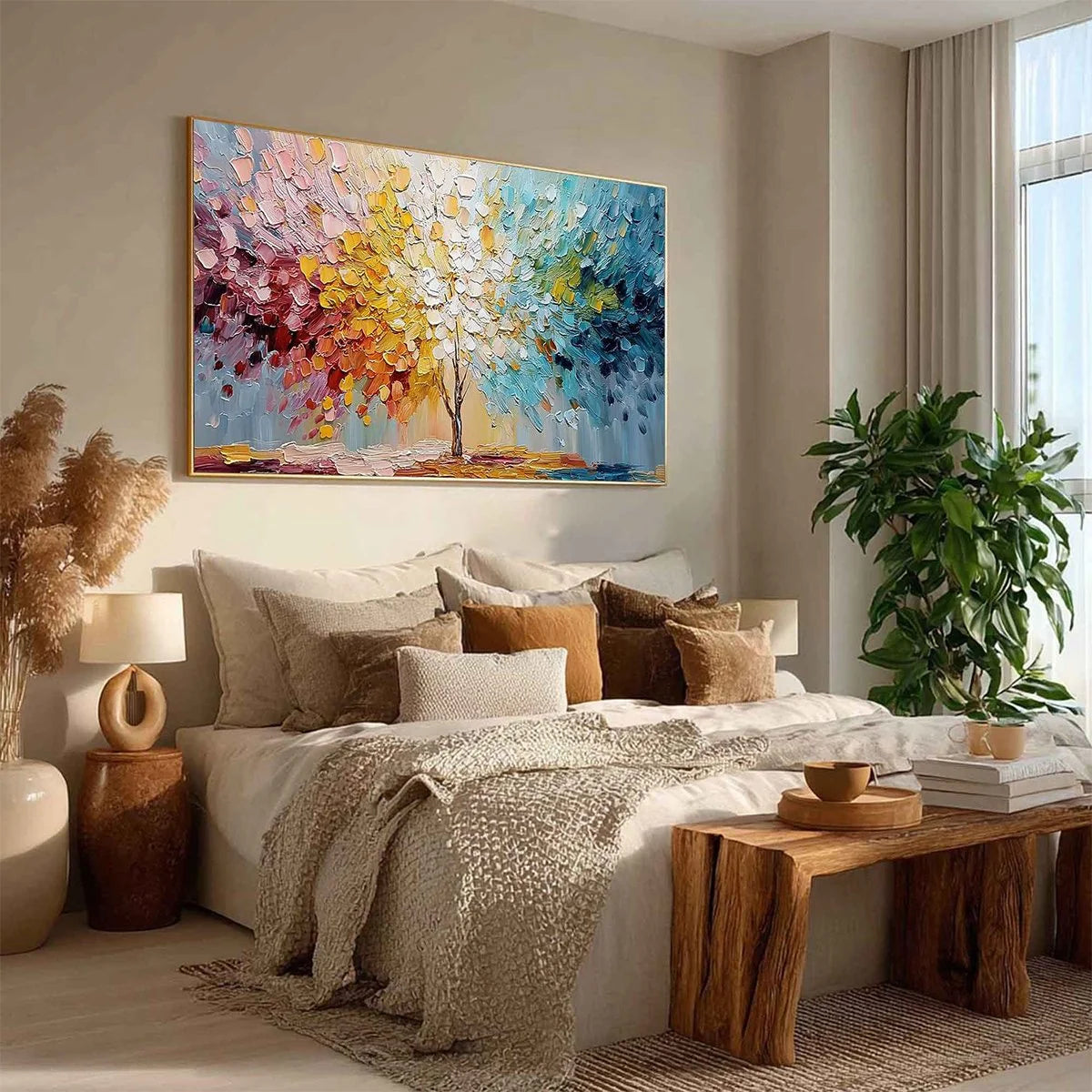 SPECTRUM OF LIFE: Colorful Abstract Tree Impasto Palette Knife Painting | yellow palette, original oil on stretched canvas art