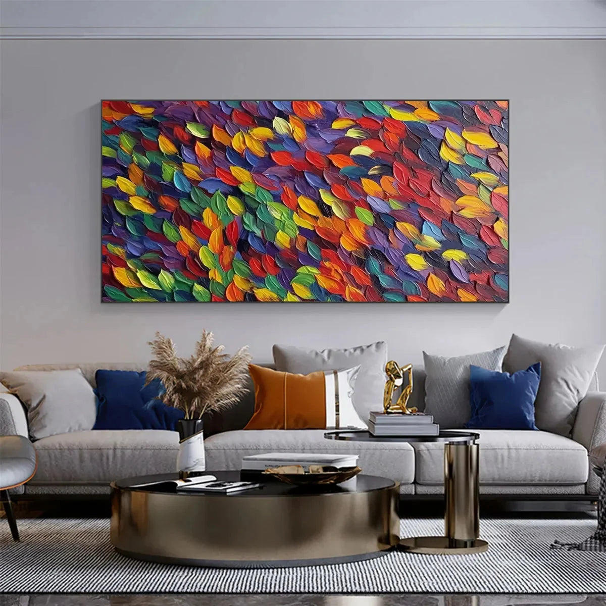 SPECTRUM RAIN: Colorful Abstract Impasto Oil Painting on Canvas | gold frame stretched on neutral wall