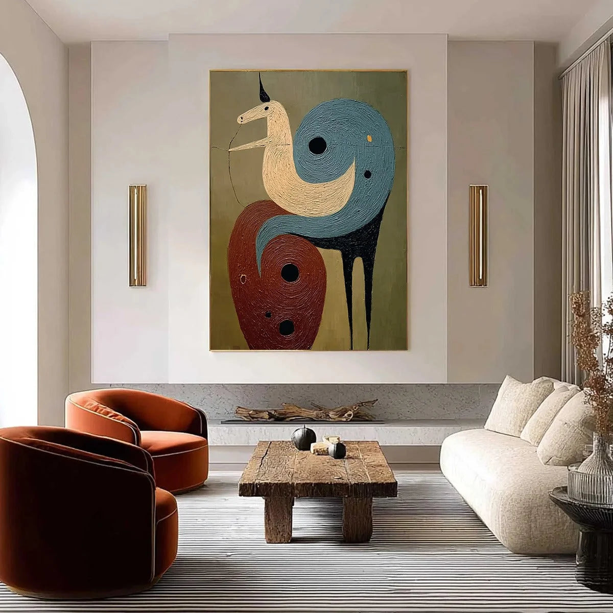 SPIRAL GUARDIAN: Textured Abstract Mythical Creature Oil Painting | gold frame stretched on neutral wall