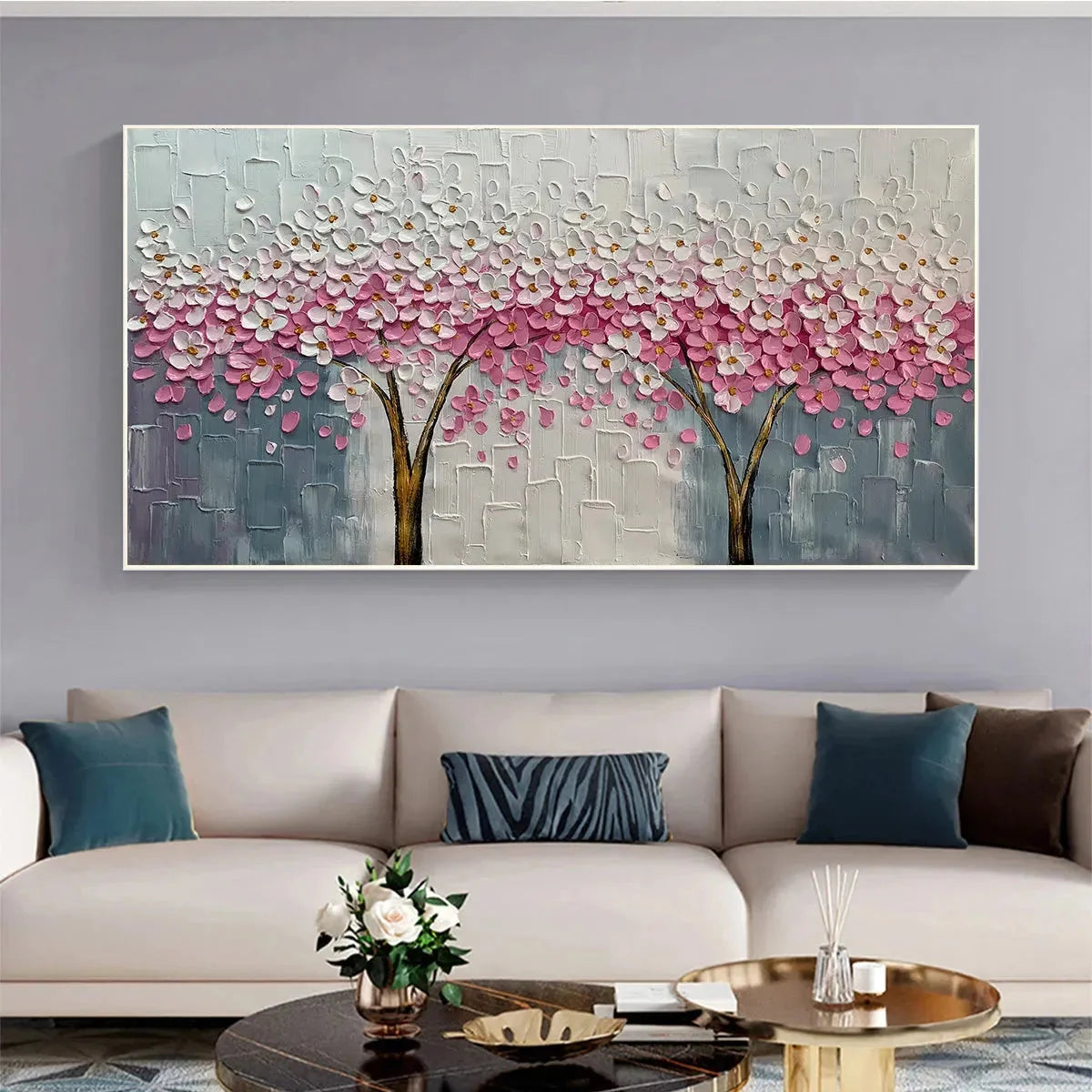 SPRING BLOSSOM: Panoramic Cherry Blossom Painting in Pink and White, Textured Impasto, Modern Wall Art | Abstract closeup, raised brushwork detail