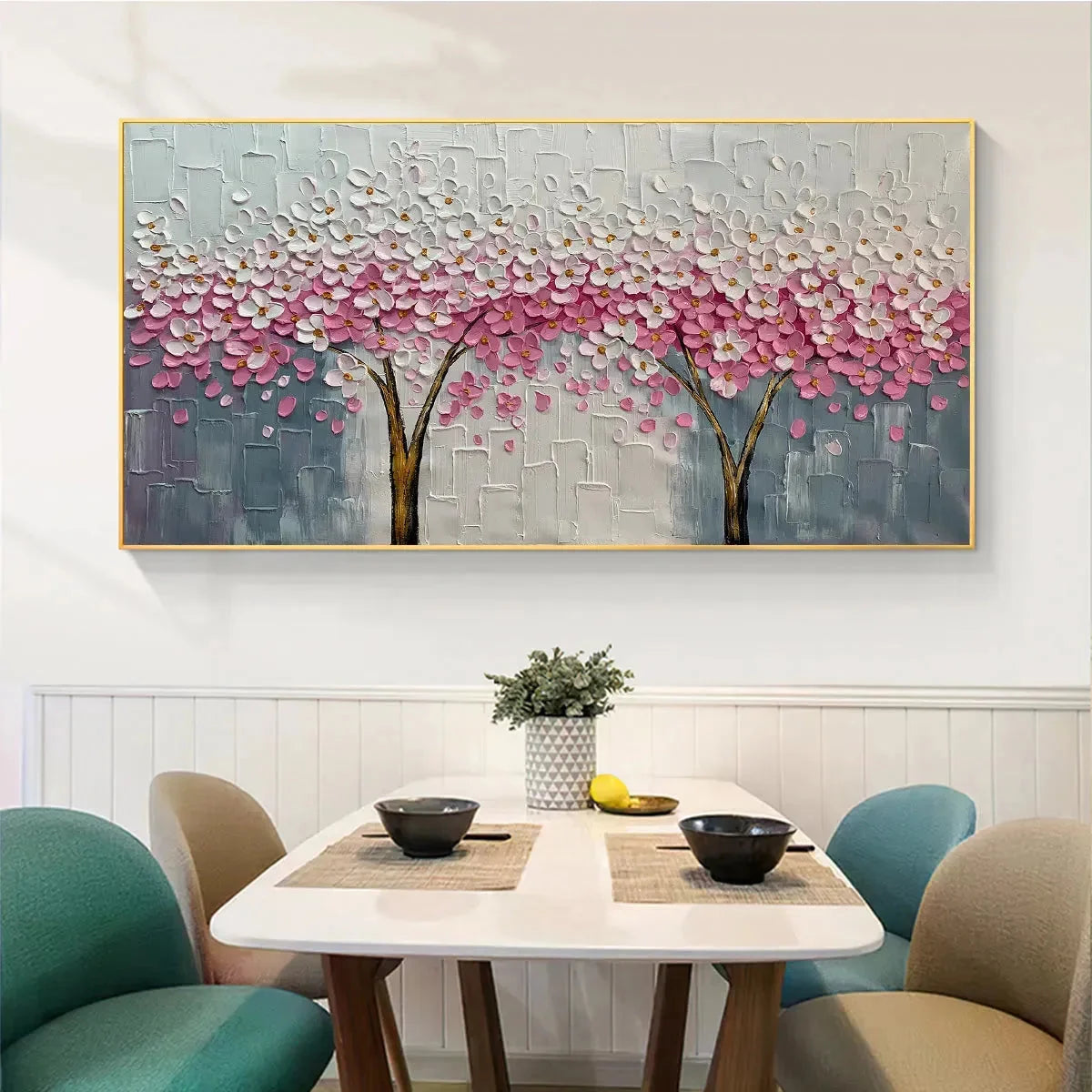 SPRING BLOSSOM: Panoramic Cherry Blossom Painting in Pink and White, Textured Impasto, Modern Wall Art | gold frame stretched on neutral wall
