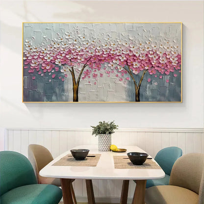 SPRING BLOSSOM: Panoramic Cherry Blossom Painting in Pink and White, Textured Impasto, Modern Wall Art | gold frame stretched on neutral wall