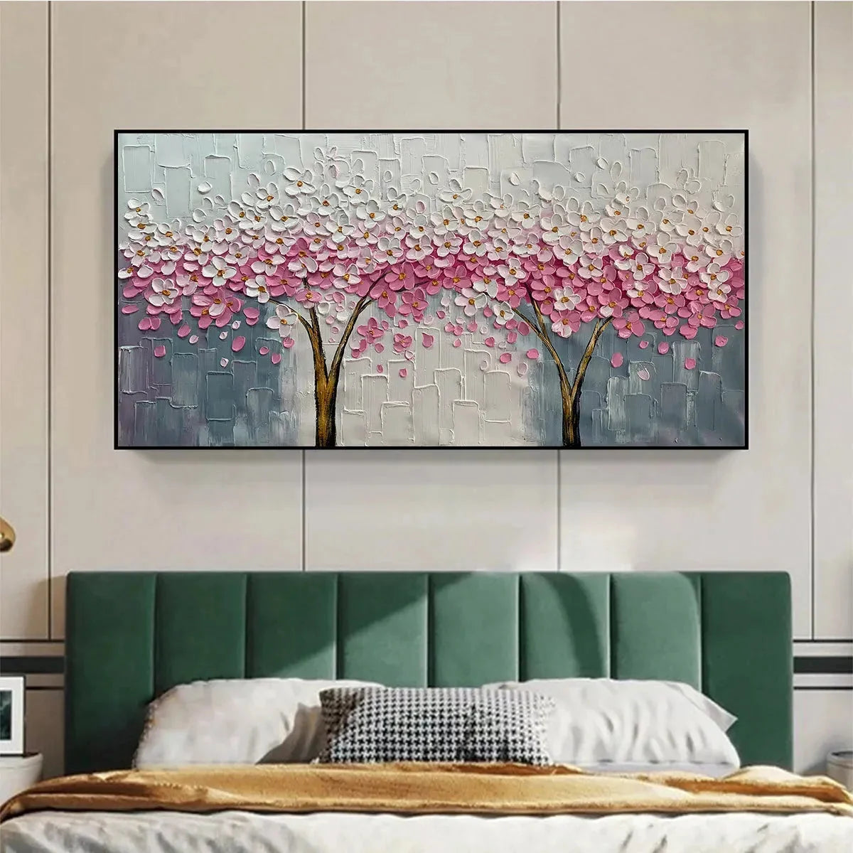SPRING BLOSSOM: Panoramic Cherry Blossom Painting in Pink and White, Textured Impasto, Modern Wall Art | rolled canvas, ready for custom framing
