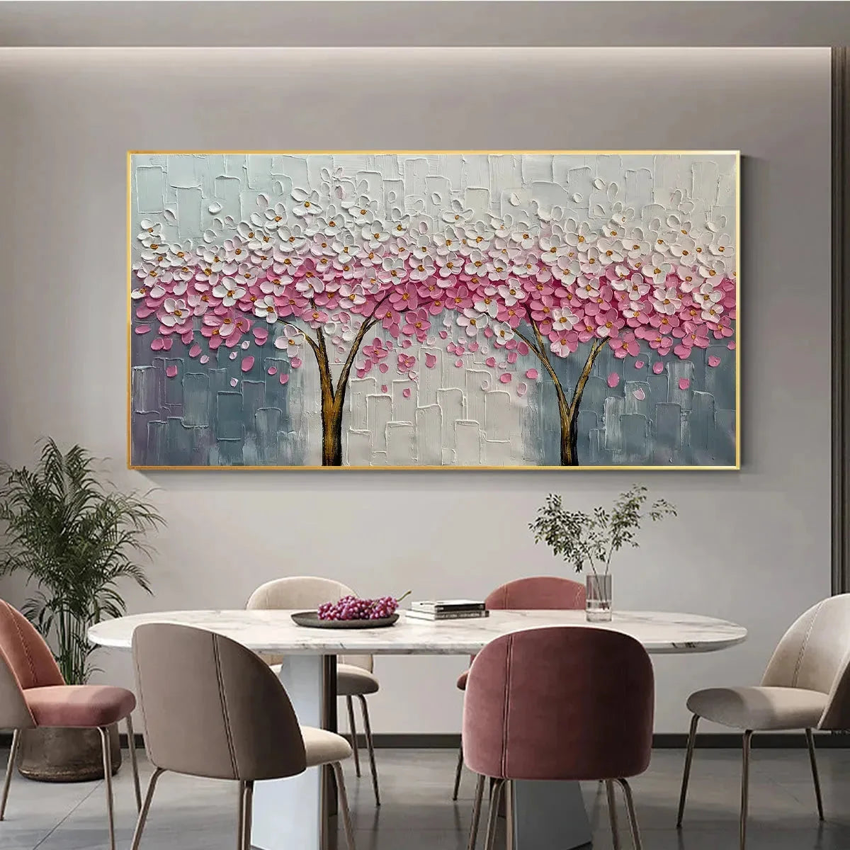 SPRING BLOSSOM: Panoramic Cherry Blossom Painting in Pink and White, Textured Impasto, Modern Wall Art | black frame version on white wall