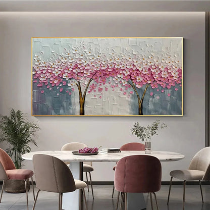 SPRING BLOSSOM: Panoramic Cherry Blossom Painting in Pink and White, Textured Impasto, Modern Wall Art | black frame version on white wall