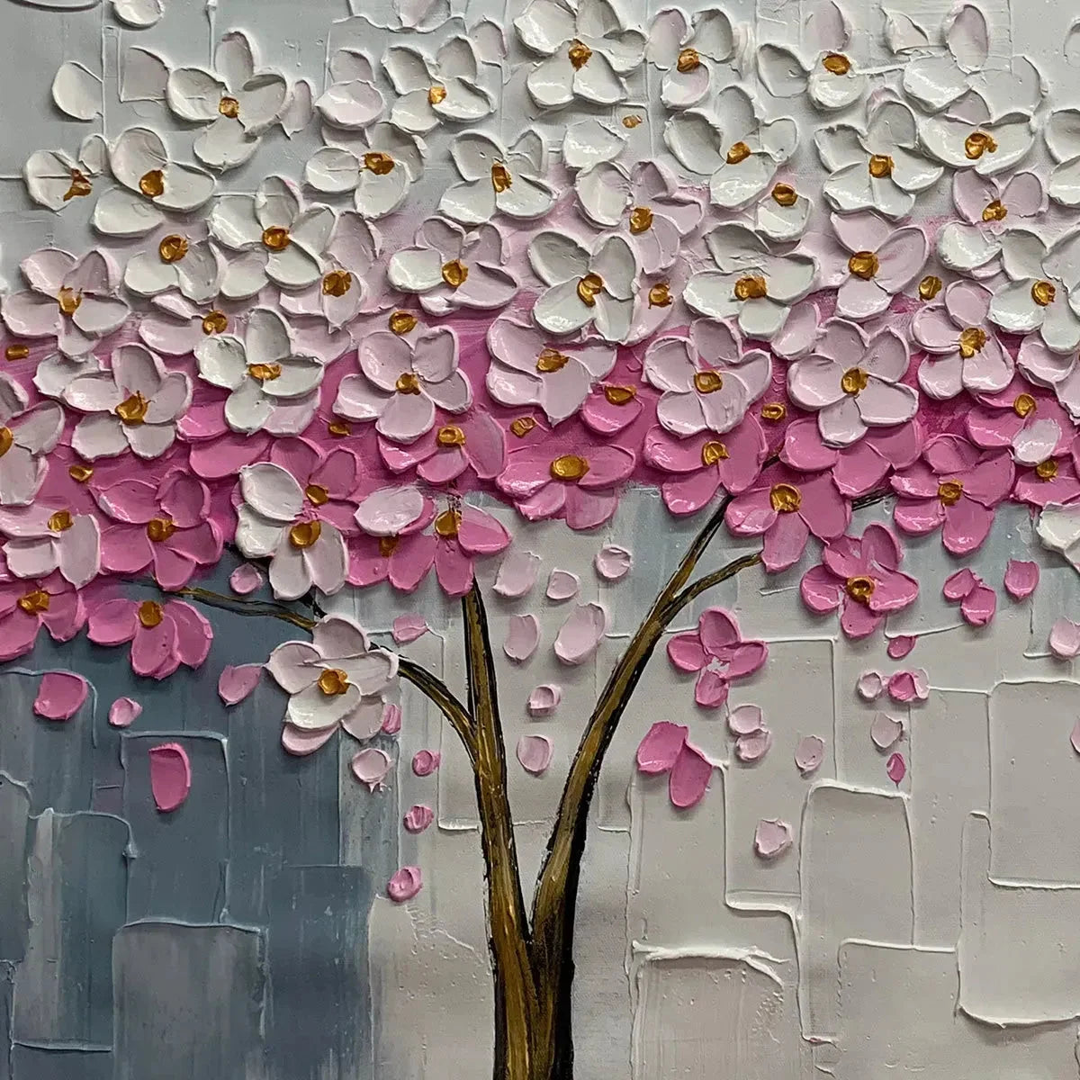 SPRING BLOSSOM: Panoramic Cherry Blossom Painting in Pink and White, Textured Impasto, Modern Wall Art | Abstract mood, soft natural light studio shot