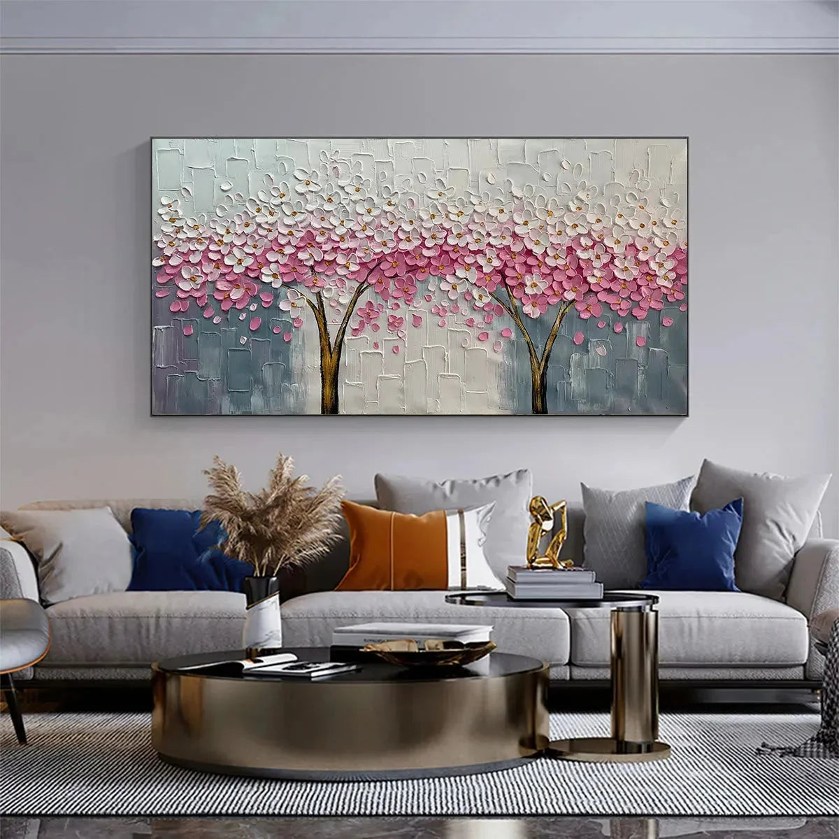 SPRING BLOSSOM: Panoramic Cherry Blossom Painting in Pink and White, Textured Impasto, Modern Wall Art | multi-color palette, original oil on stretched canvas art