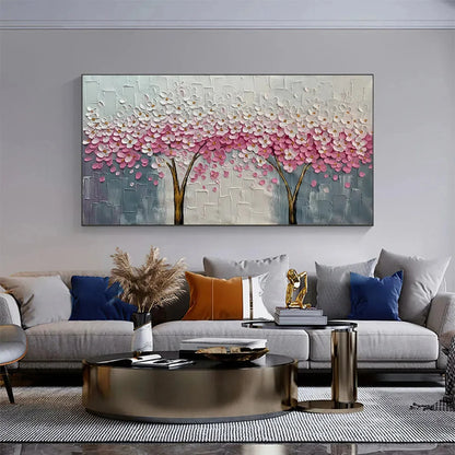 SPRING BLOSSOM: Panoramic Cherry Blossom Painting in Pink and White, Textured Impasto, Modern Wall Art | multi-color palette, original oil on stretched canvas art