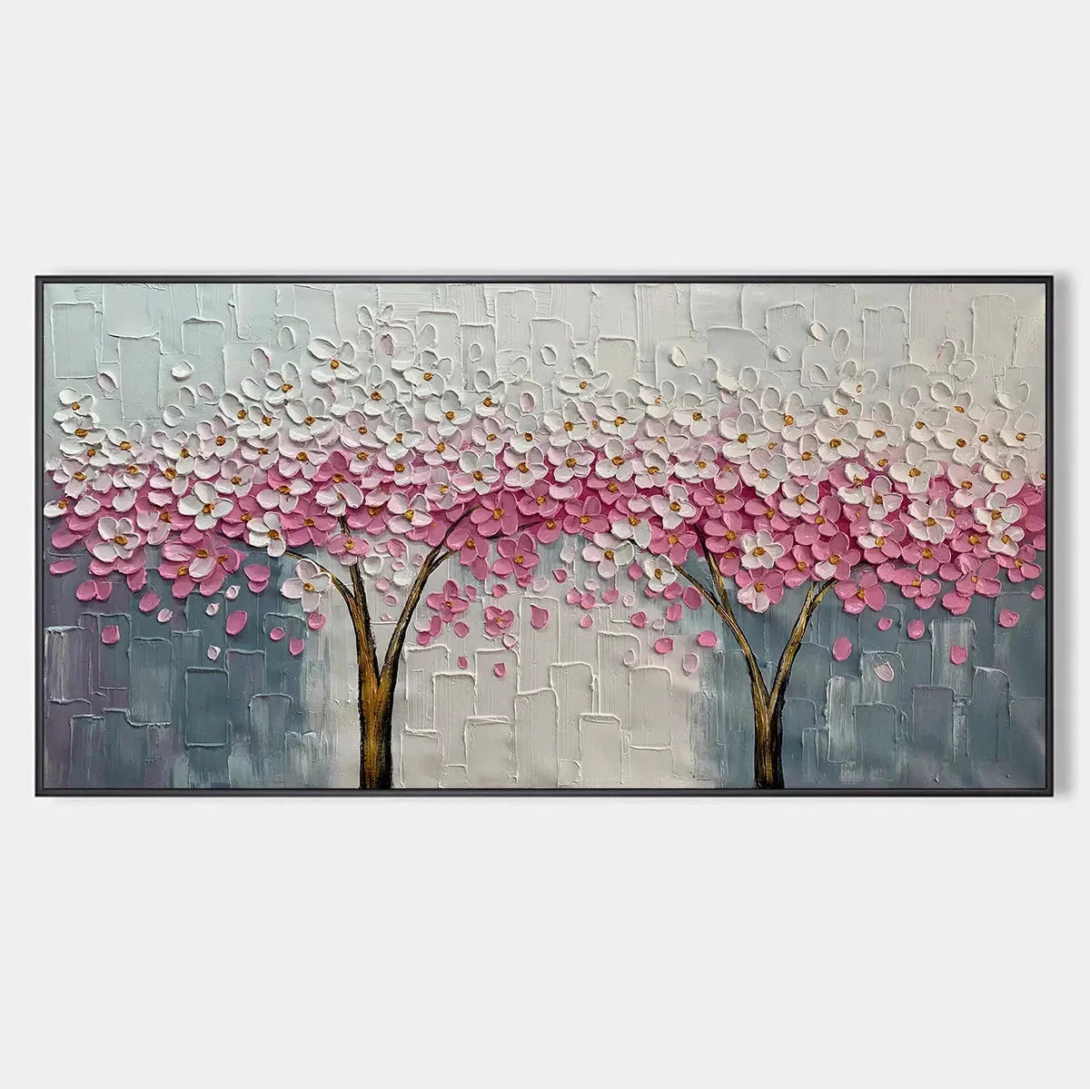 SPRING BLOSSOM: Panoramic Cherry Blossom Painting in Pink and White, Textured Impasto, Modern Wall Art | hanging in living room, Abstract wall art