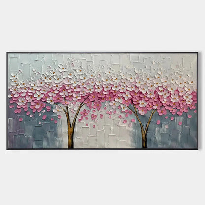 SPRING BLOSSOM: Panoramic Cherry Blossom Painting in Pink and White, Textured Impasto, Modern Wall Art | hanging in living room, Abstract wall art