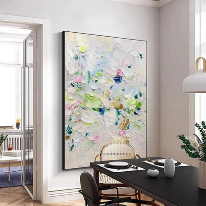 SPRING BLOSSOM: Textured Abstract Floral Painting in Light Pastel Colors | gold frame stretched on neutral wall
