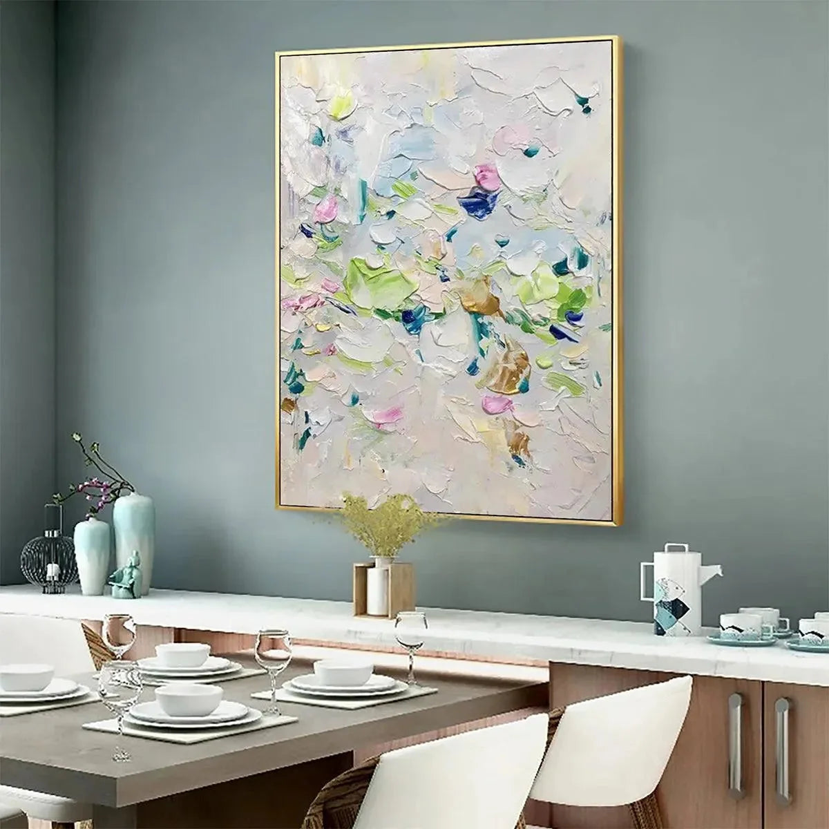 SPRING BLOSSOM: Textured Abstract Floral Painting in Light Pastel Colors | black frame version on white wall