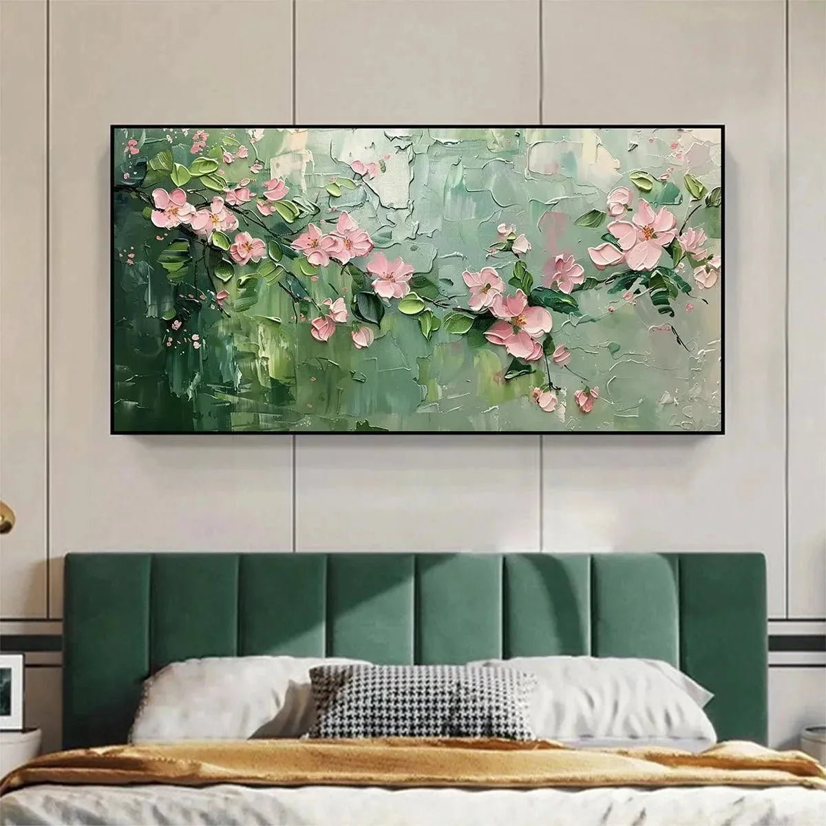 SPRING BLOSSOM: Textured Pink Floral Painting on Green Background | Abstract closeup, raised brushwork detail