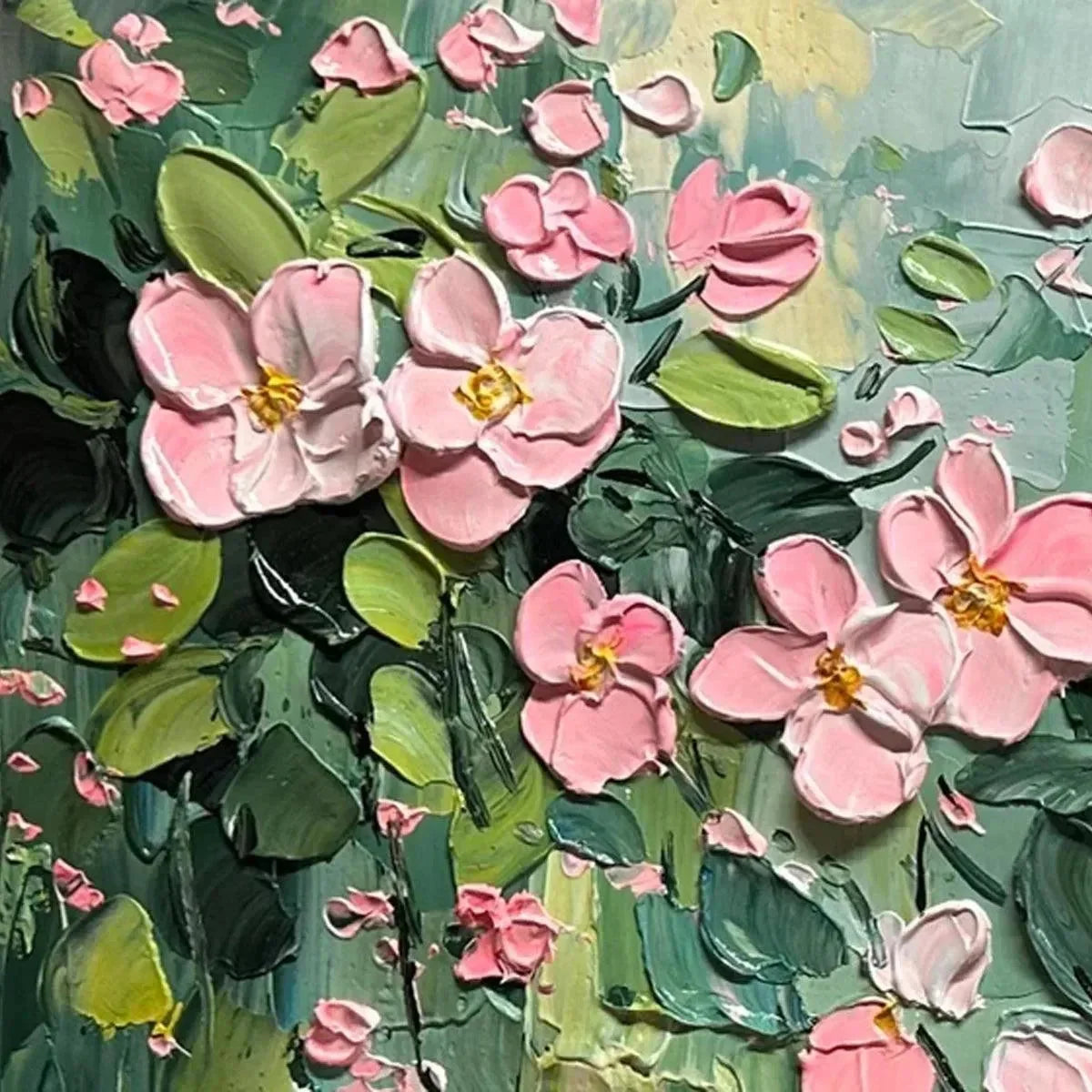 SPRING BLOSSOM: Textured Pink Floral Painting on Green Background | rectangular format, hand-painted canvas edge