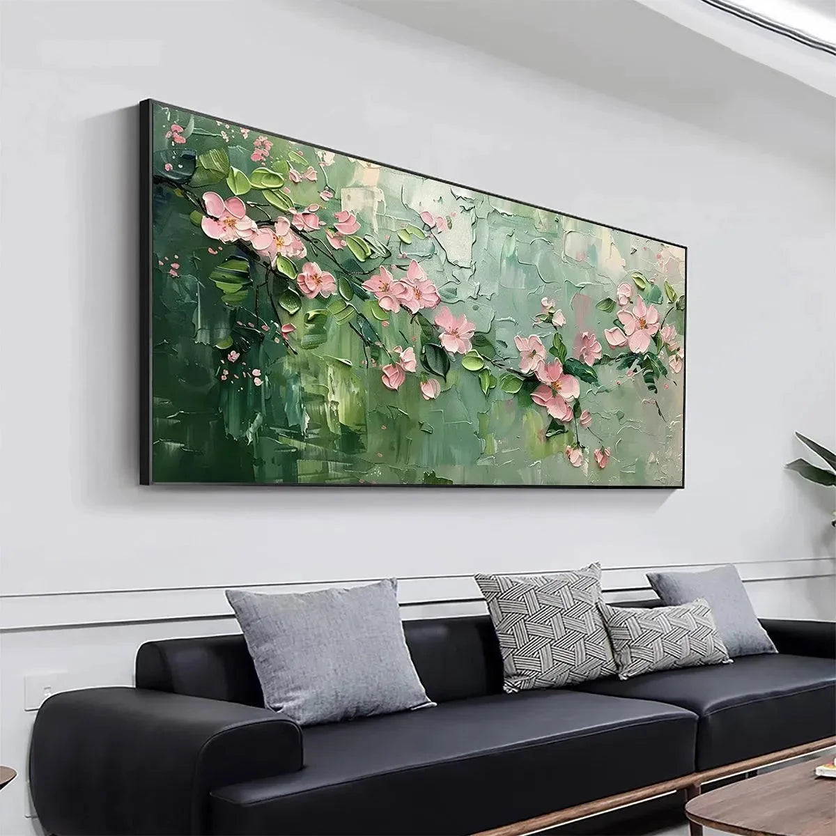SPRING BLOSSOM: Textured Pink Floral Painting on Green Background | gold frame stretched on neutral wall